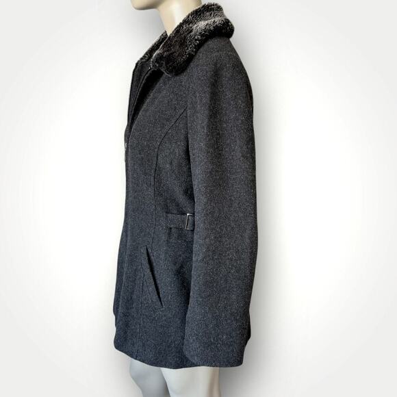 Collection By Gallery Wool Blend Zip Up Peacoat Faux Fur Collar Size L Dark Gray - Picture 3 of 16